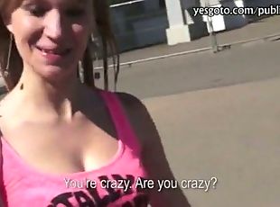 Czech babe Angelica flashes and pussy slammed in public