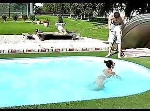 Skinny teen brunette fucks her swimming instructor by the pool