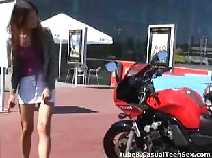 Teen babe loves this biker and uses her mouth and pussy outside